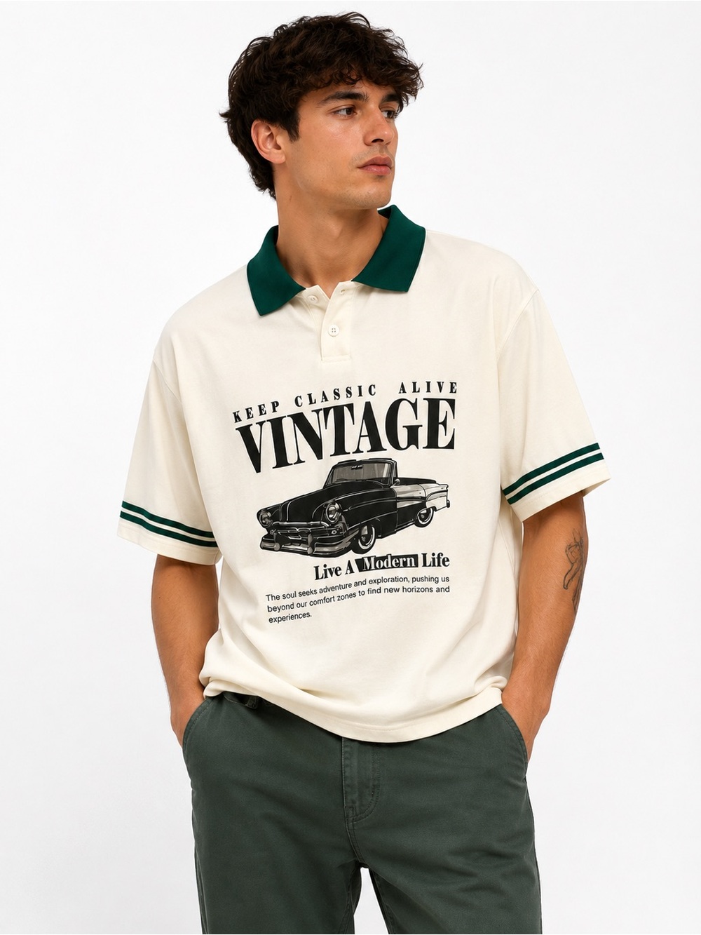 Vintage Graphic Polo Shirt with Green Trim - Unbranded